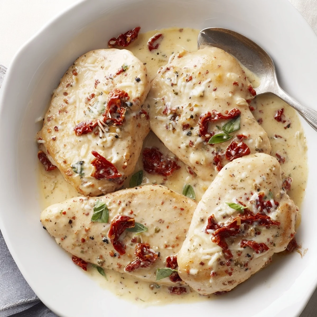 Dump And Go Crockpot Marry Me Chicken simmering in creamy sun-dried tomato sauce