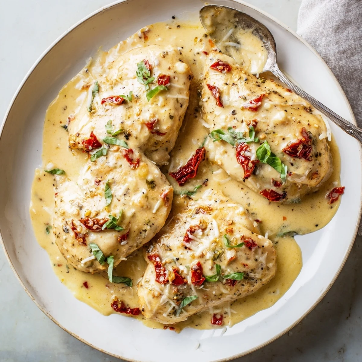 Hearty Dump And Go Crockpot Marry Me Chicken served over buttered pasta, basil garnish
