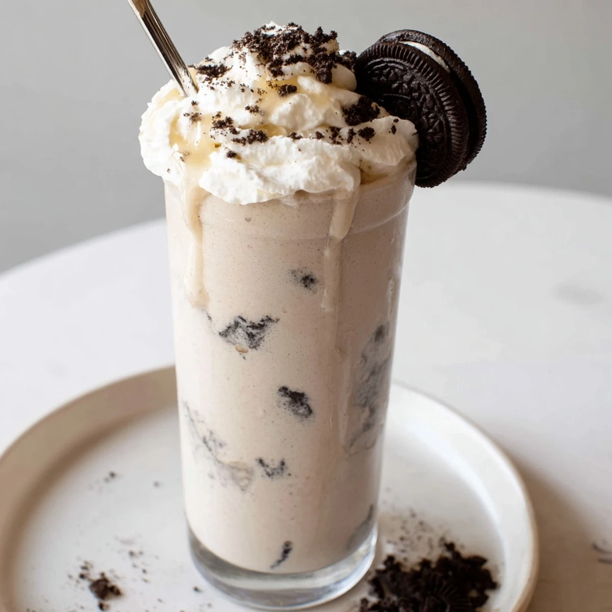 Cookies And Cream Protein Shake poured into a glass, creamy texture, crushed cookies