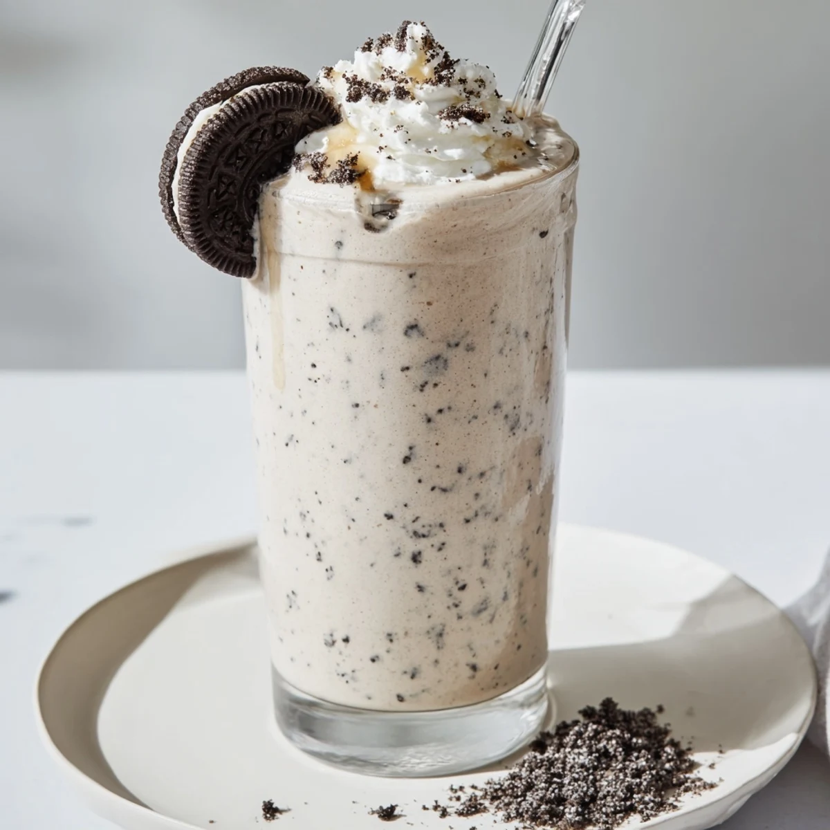 Cold Cookies And Cream Protein Shake topped with whipped cream and cookie crumbs