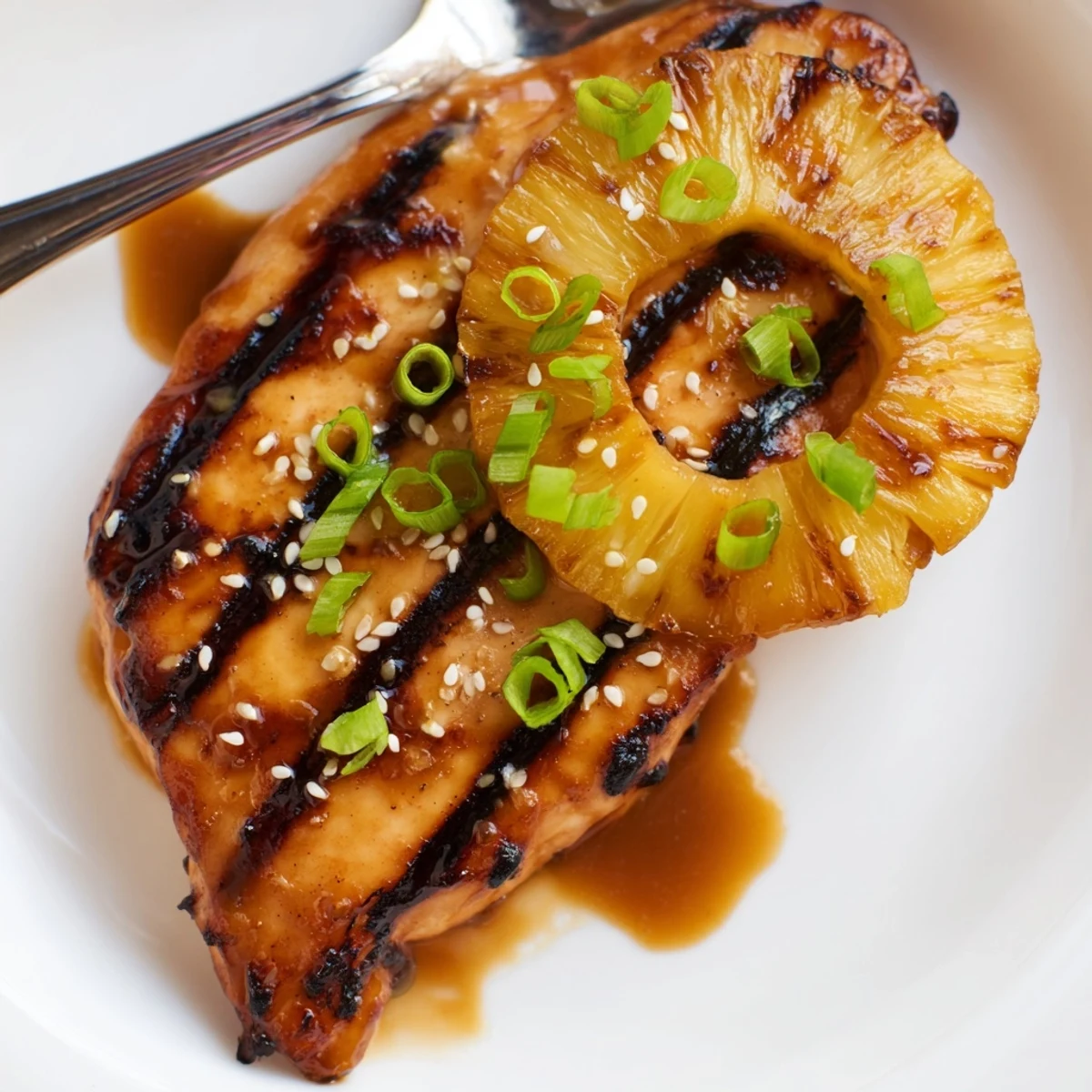 Grilled Aloha Chicken with caramelized pineapple rings, glossy glaze and charred edges