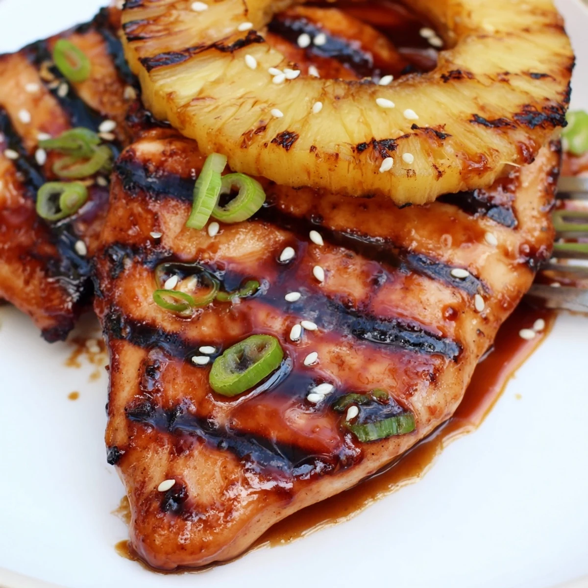 Smoky Grilled Aloha Chicken sliced on platter with tangy pineapple-soy glaze