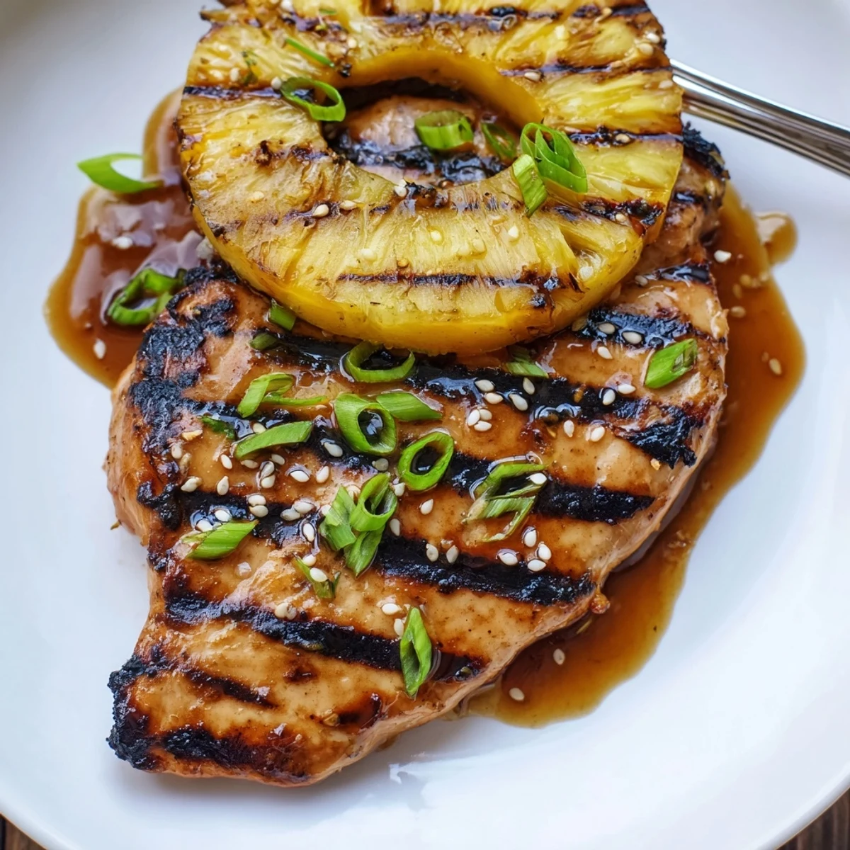 Juicy Grilled Aloha Chicken resting on coconut rice, sprinkled green onions