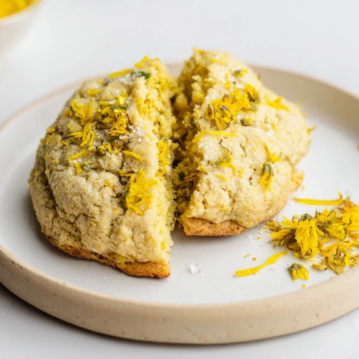 Plate of soft Magical Dandelion Cookies Recipe with honey drizzle and chamomile