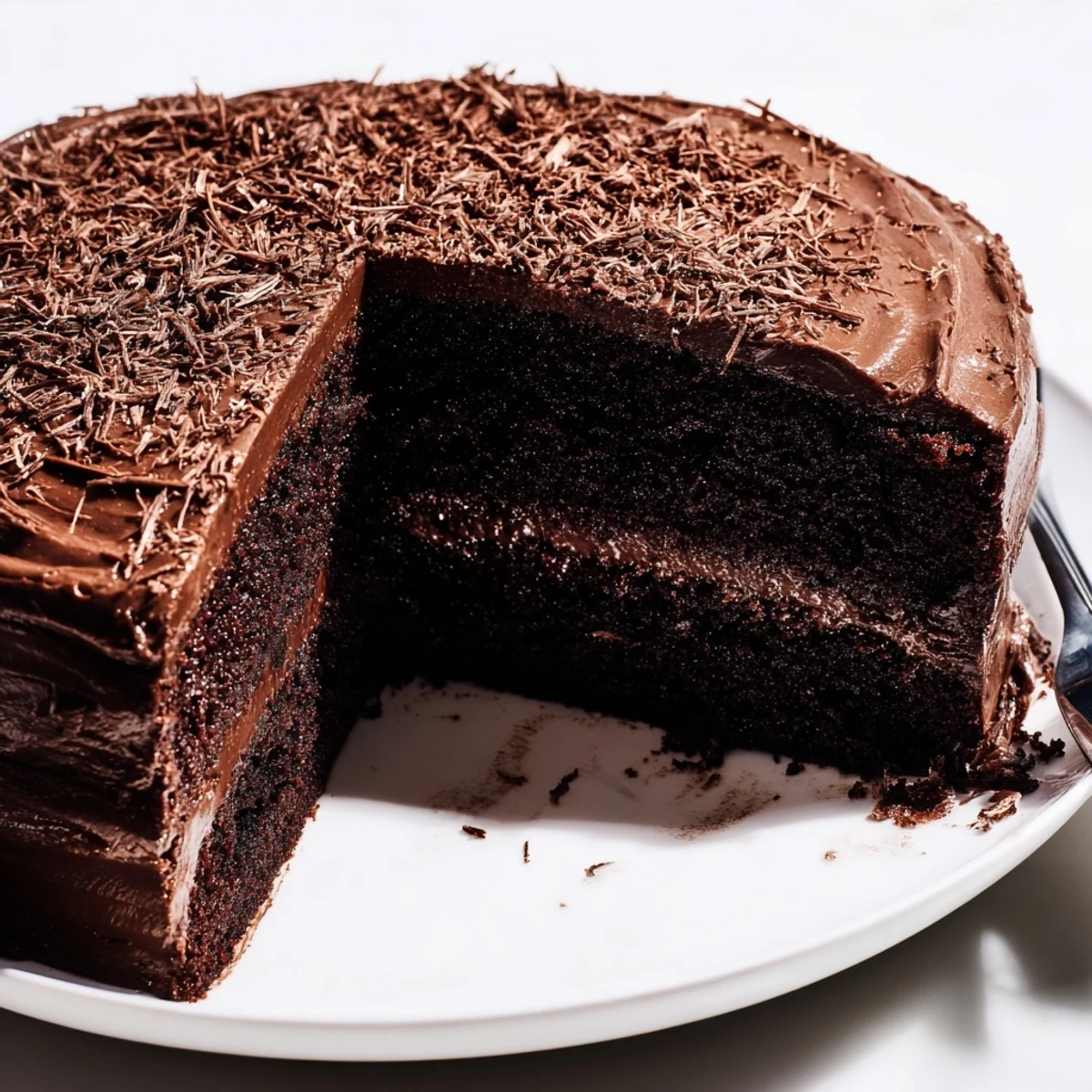 Chocolate Cake Recipe showing glossy frosting, moist layers, plated with berries