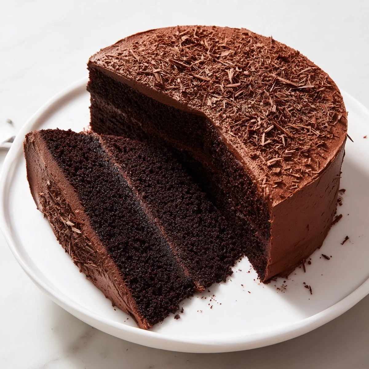 Sliced Chocolate Cake Recipe on wire rack, steam rising, rich crumb