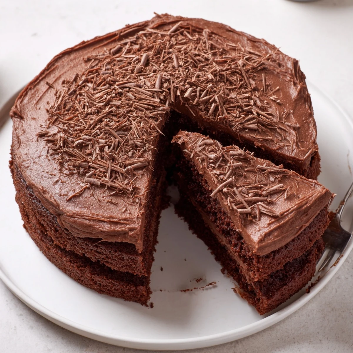 Decadent Chocolate Cake Recipe frosted smooth, fork-ready slice beside coffee