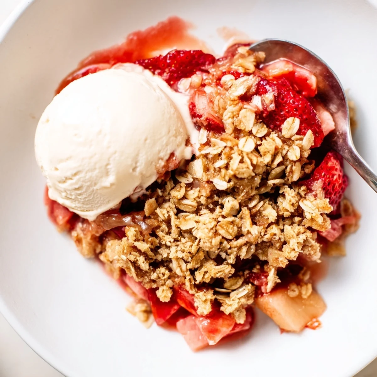 Warm Strawberry Rhubarb Crisp Recipe with bubbling fruit and golden oat topping
