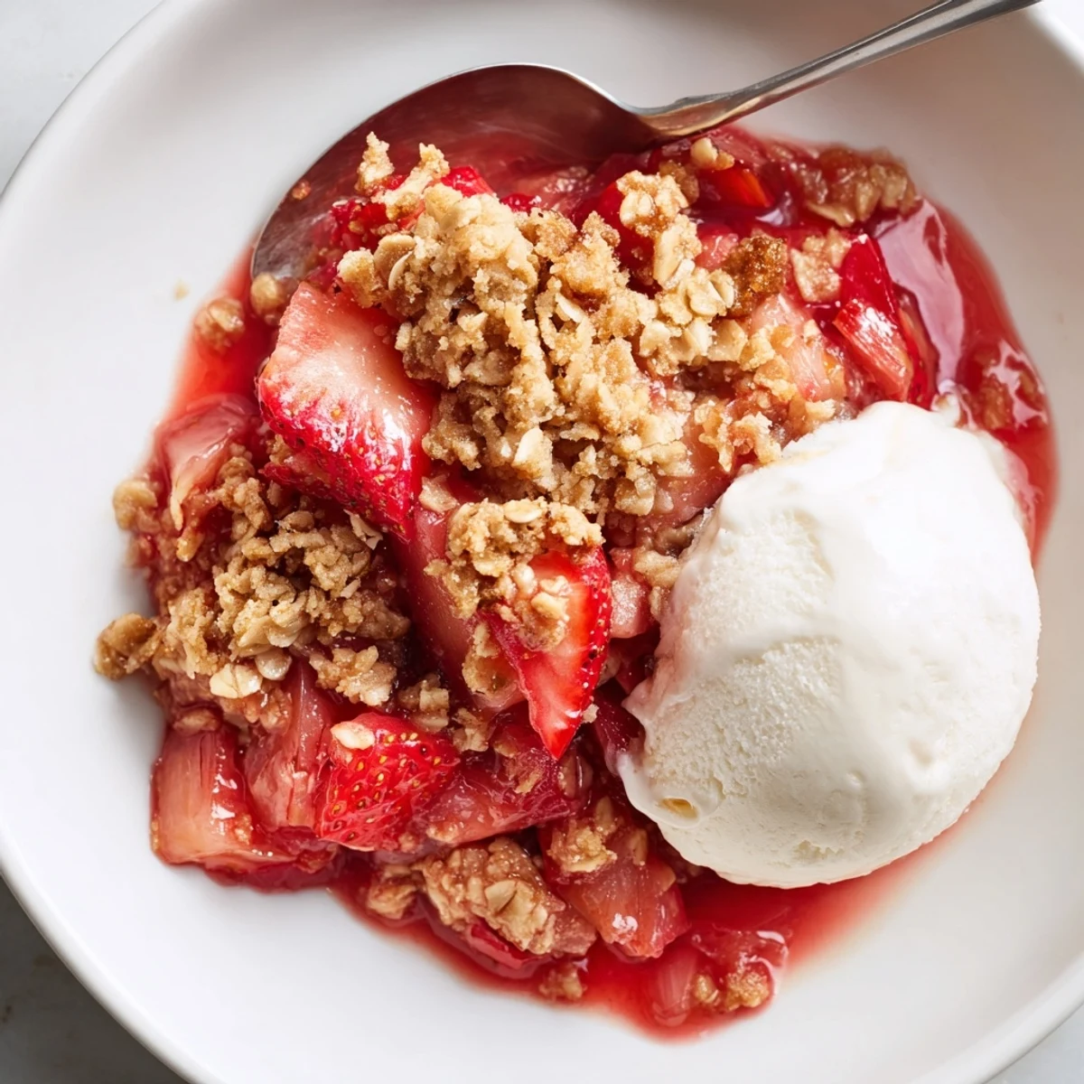 Oven-fresh Strawberry Rhubarb Crisp Recipe cooling on counter, oats crisped golden