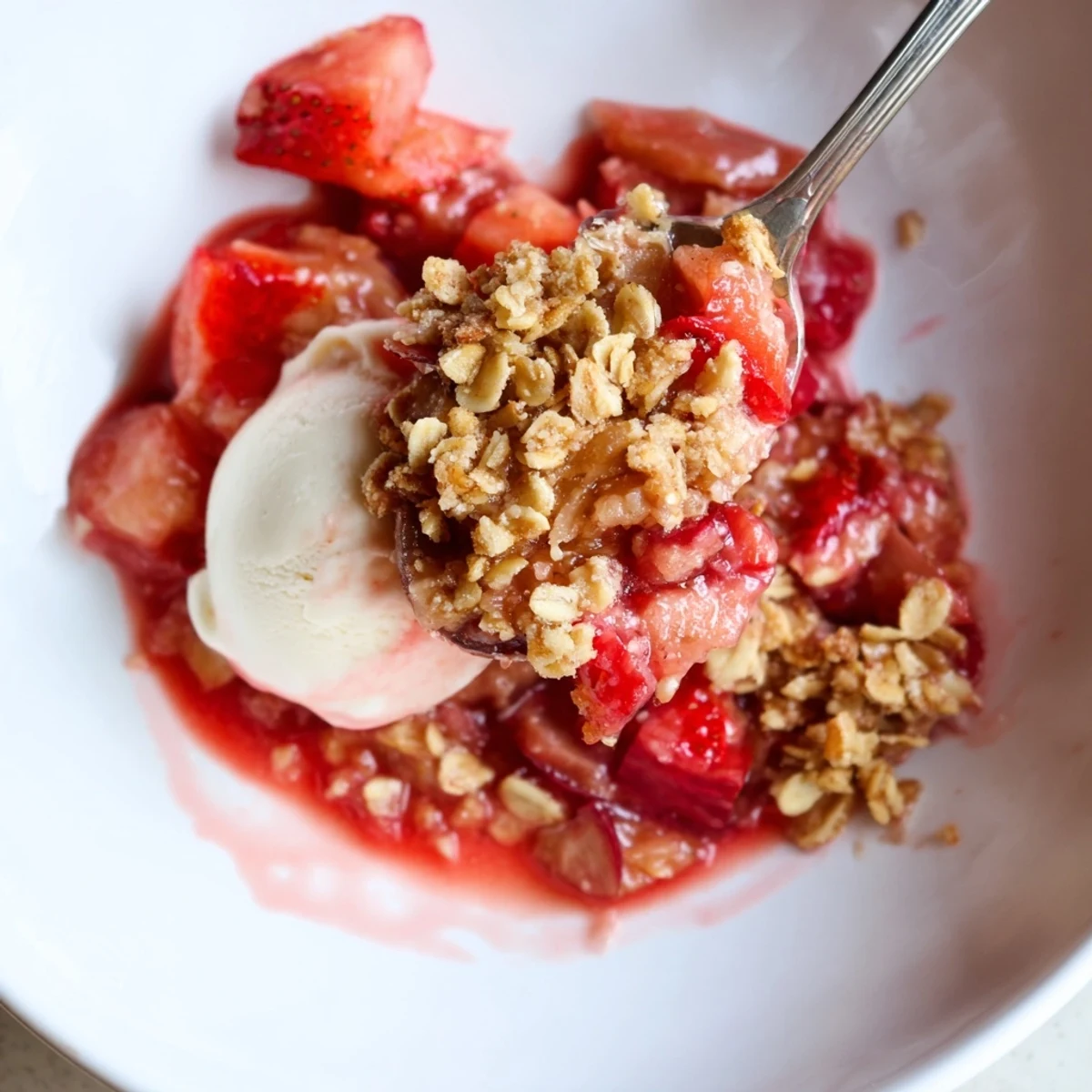 Spiced homemade Strawberry Rhubarb Crisp Recipe served warm with vanilla ice cream