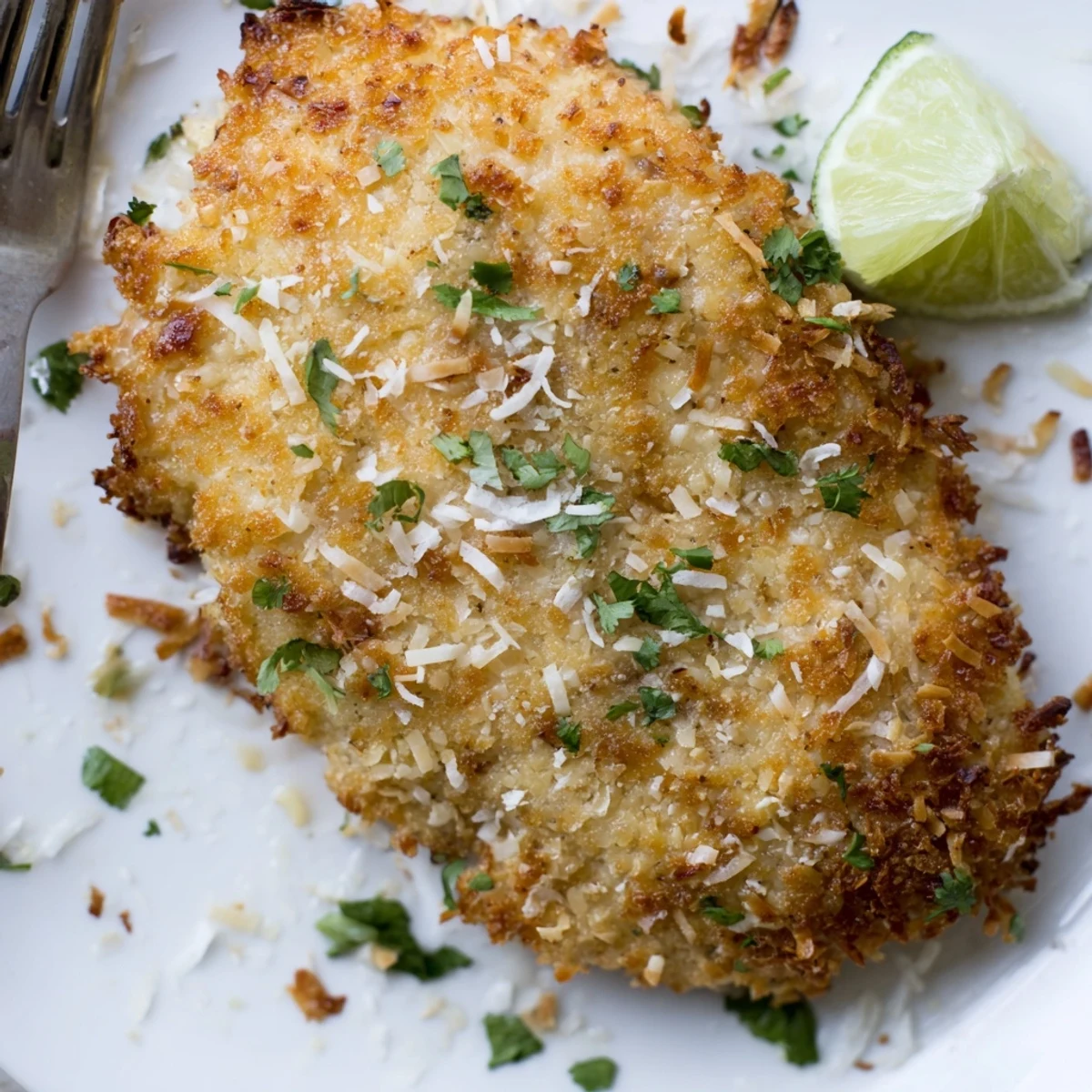 Pan-seared Coconut Chicken With Apricot Sauce, crispy coconut coating and lime wedge