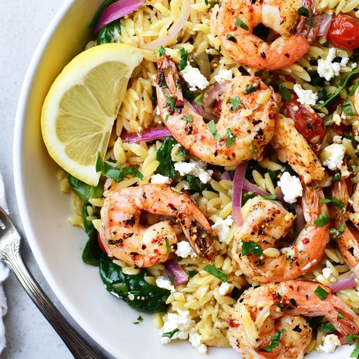 Skillet Lemon Feta Orzo Shrimp Recipe with bright lemon zest and parsley