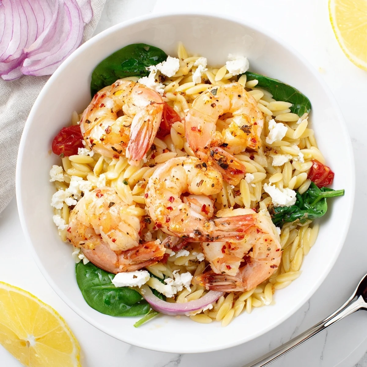 Weeknight Lemon Feta Orzo Shrimp Recipe: tender shrimp, crumbled feta, lemon wedges
