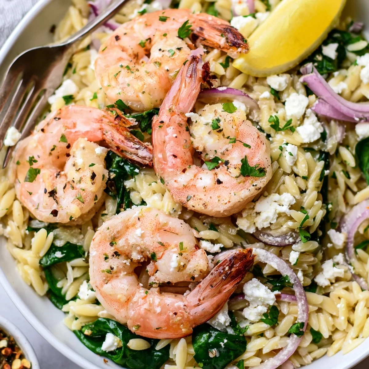 Citrusy Lemon Feta Orzo Shrimp Recipe tossed with juicy tomatoes and spinach