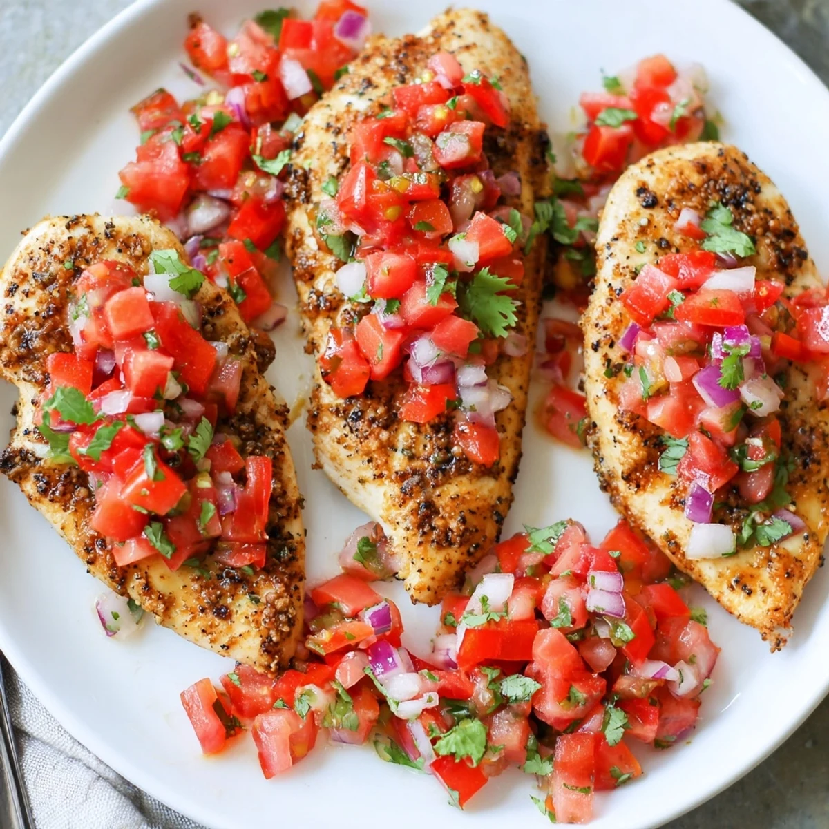 Salsa Fresca Chicken Bake with bubbling cheese, bright tomato-cilantro topping.  