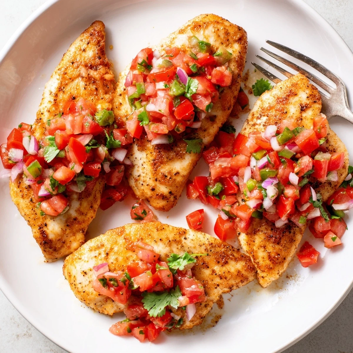 Oven-roasted Salsa Fresca Chicken Bake resting, juicy breasts garnished with cilantro.  
