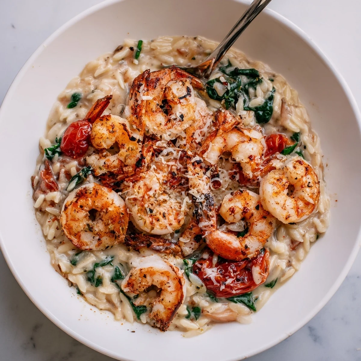 Creamy Shrimp Orzo Recipe steaming in skillet, tender shrimp and silky sauce