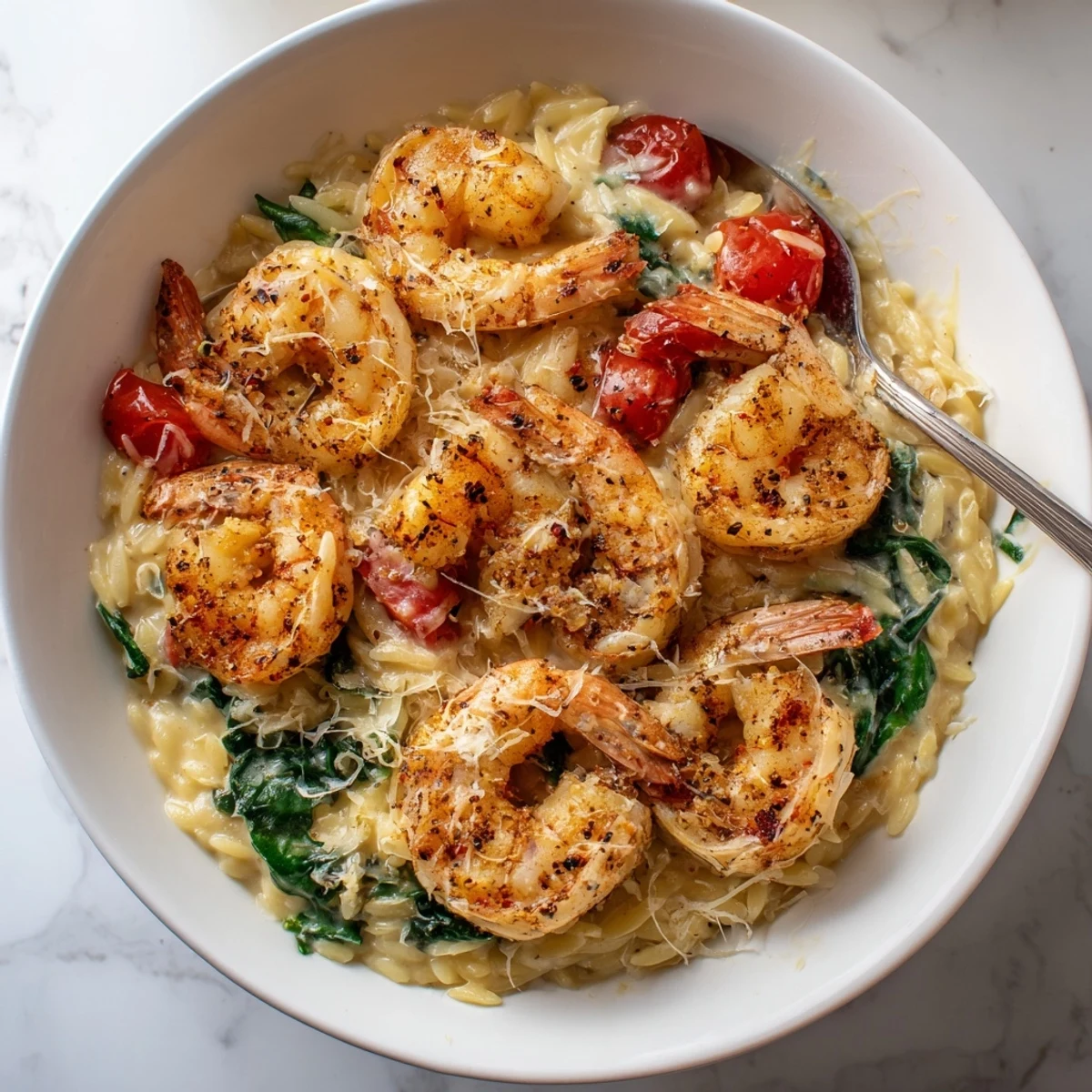 Creamy Shrimp Orzo Recipe served hot with crusty bread for soaking sauce