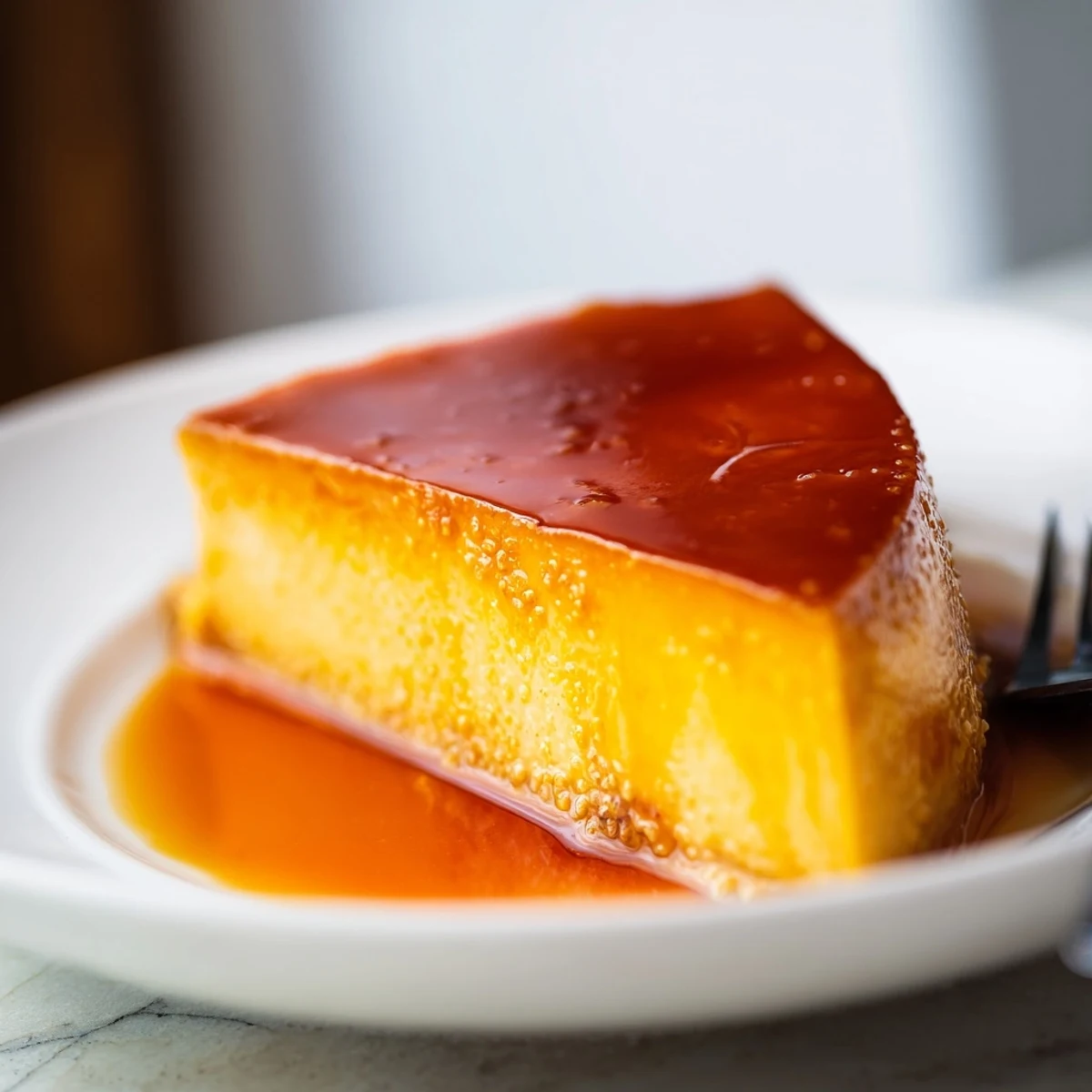 Slice of Flan Napolitano glistening with caramel, chilled and ready to serve