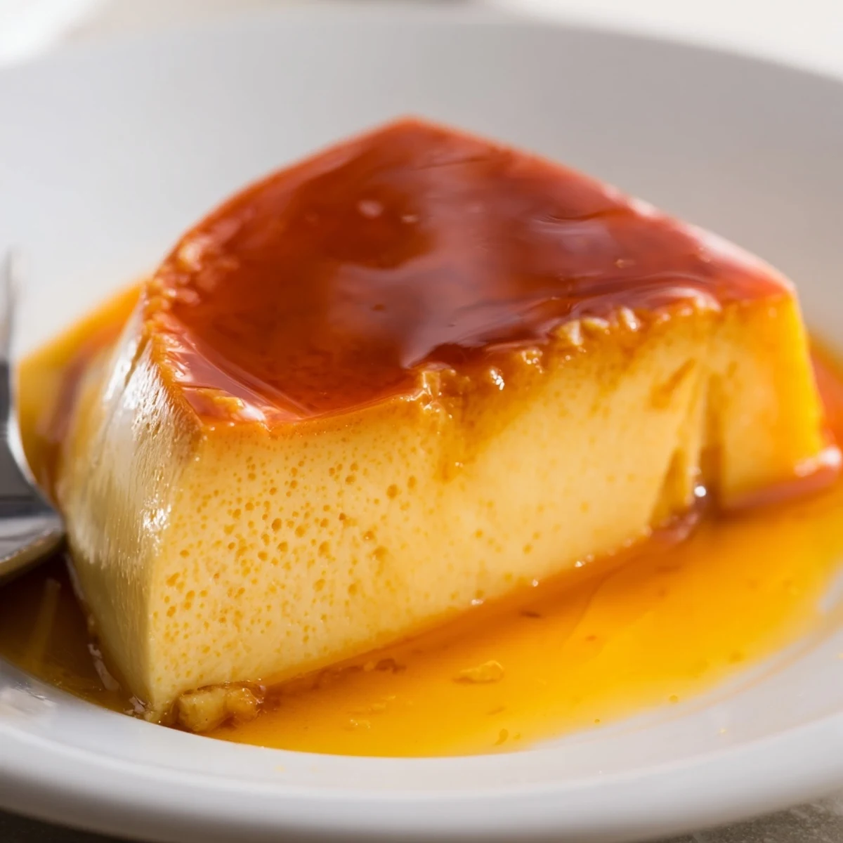 Caramel-topped Flan Napolitano set in baking dish, cooling after water bath