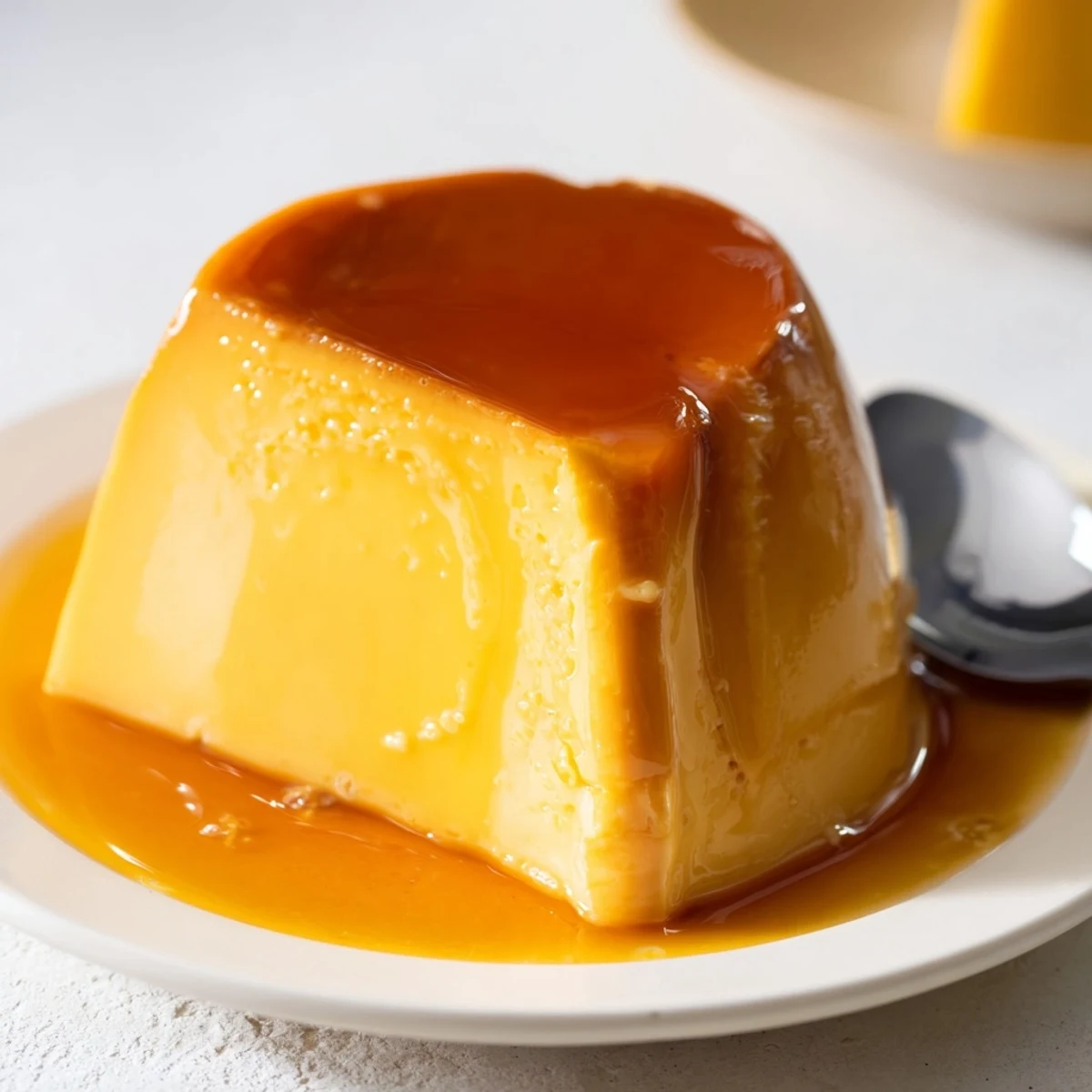 Creamy Flan Napolitano recipe on plate, silky custard texture, orange zest aroma