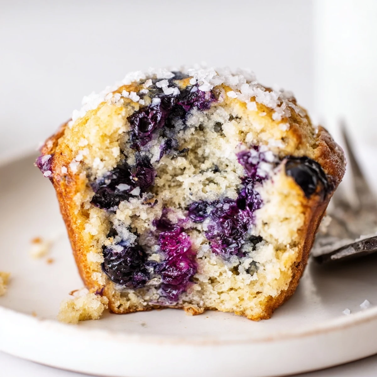 Warm Blueberry Banana Muffins split with butter melting, soft crumb
