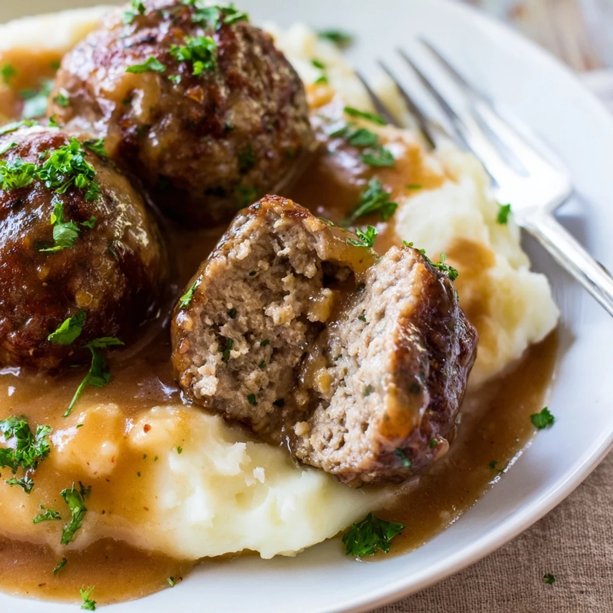 A steaming bowl of Crockpot Meatballs Gravy ladled over egg noodles
