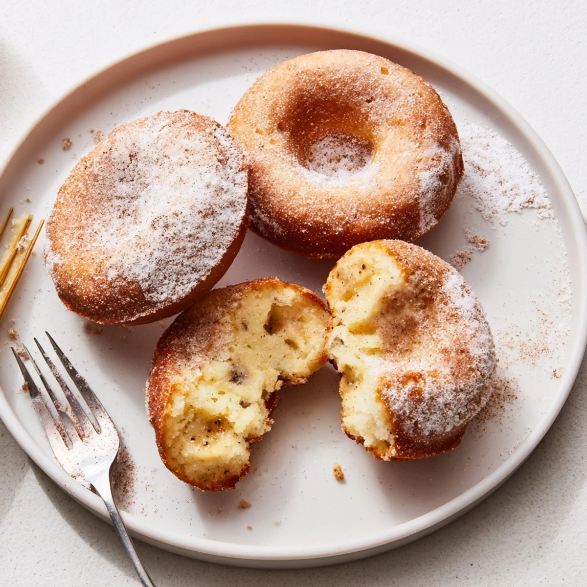 Baked Banana Donuts piled on a plate, soft texture and powdered sugar