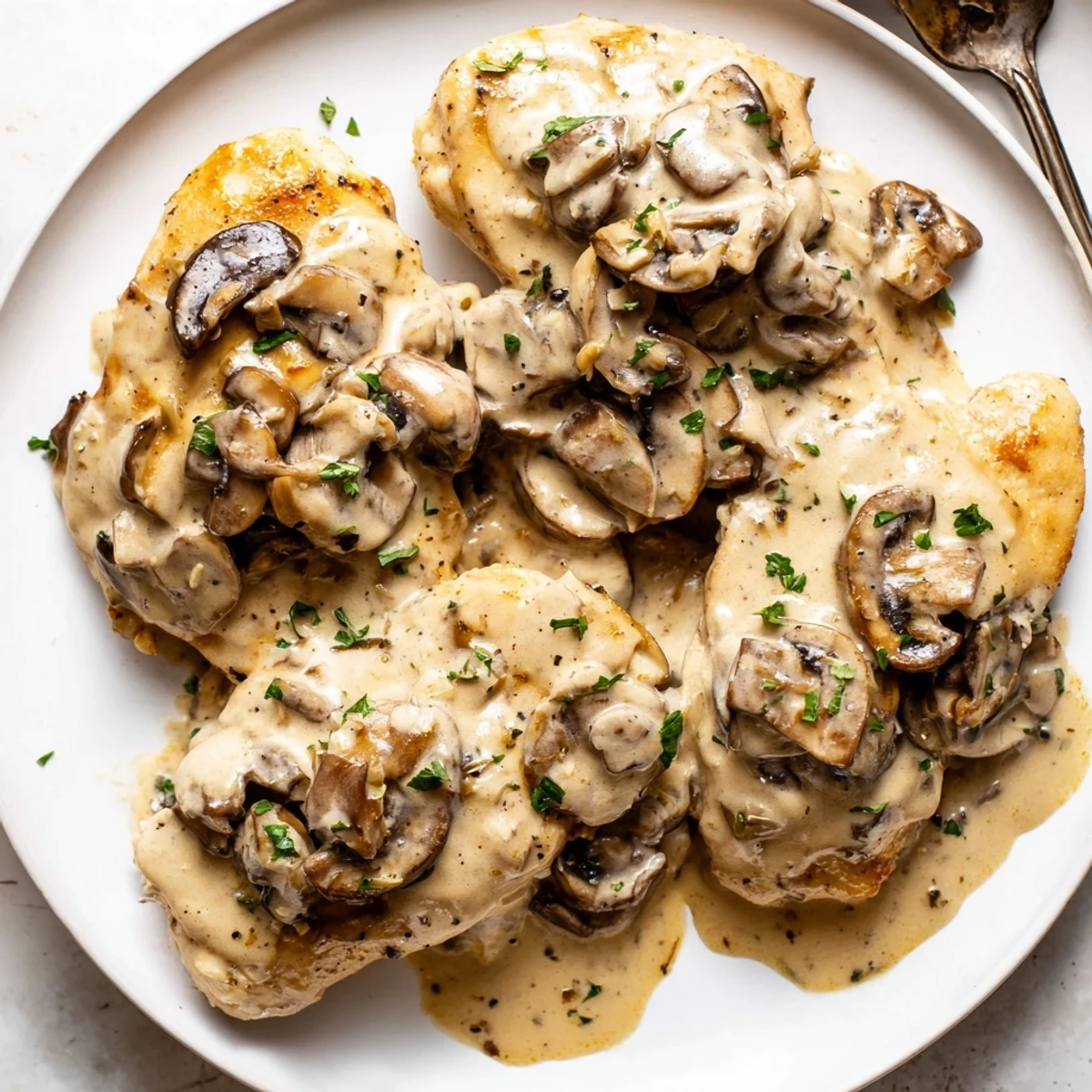 Skillet Chicken And Mushroom Sauce spooned over buttery mashed potatoes, creamy and fragrant.