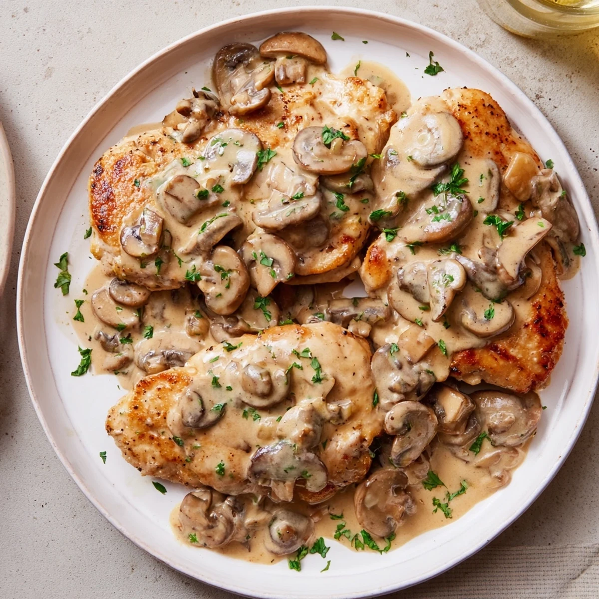 Warm Skillet Chicken And Mushroom Sauce bubbling around golden seared chicken breasts.
