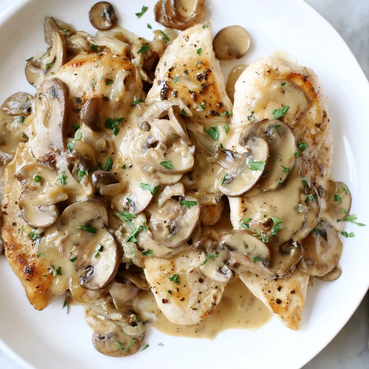 Juicy Skillet Chicken And Mushroom Sauce topped with chopped parsley, ready to serve.