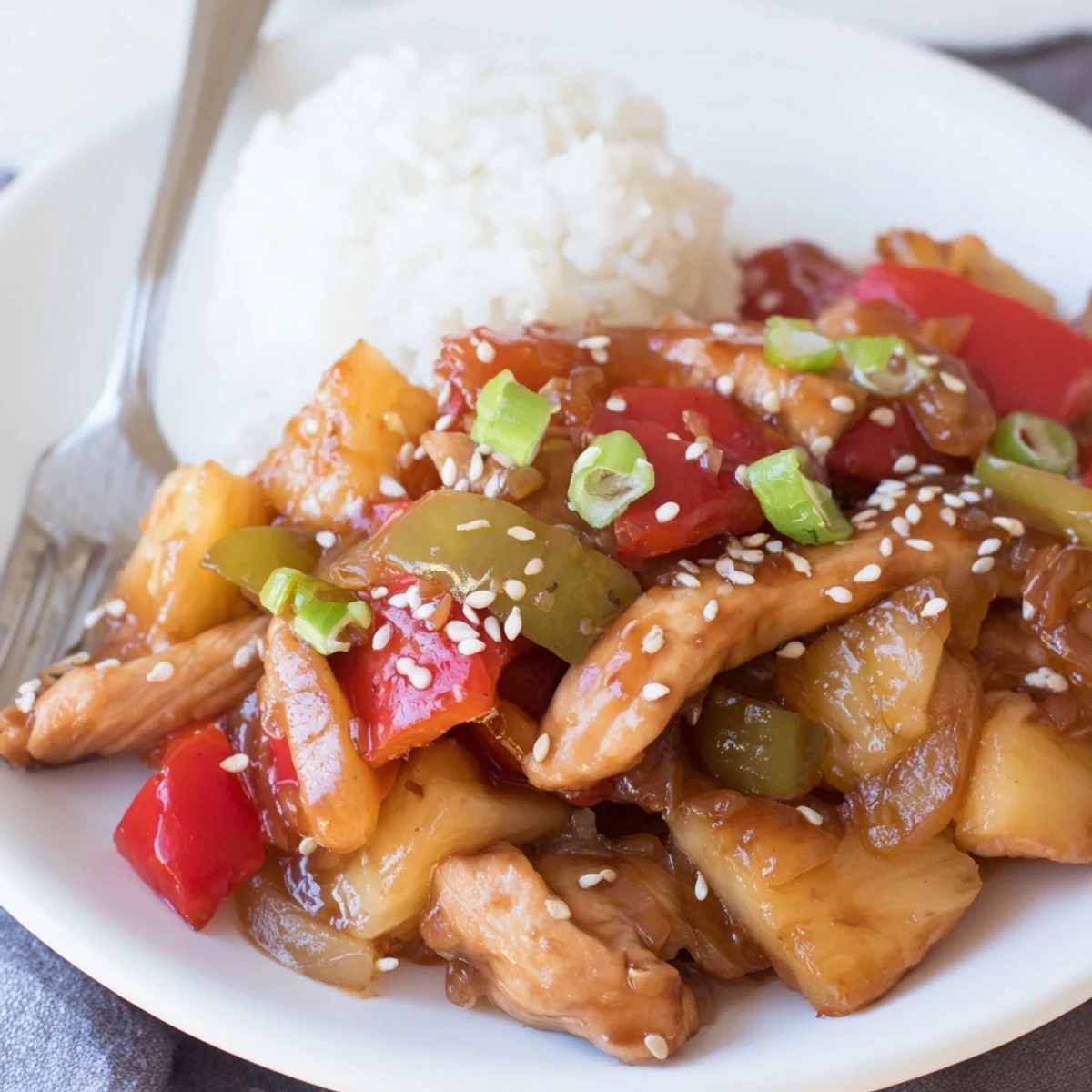 Sweet Hawaiian Crockpot Chicken glistening in pineapple sauce, served over jasmine rice