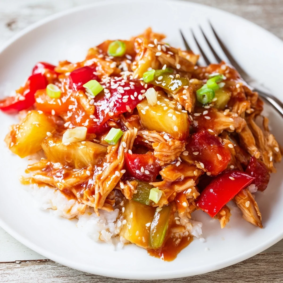 Family style Sweet Hawaiian Crockpot Chicken topped with green onions and sesame seeds