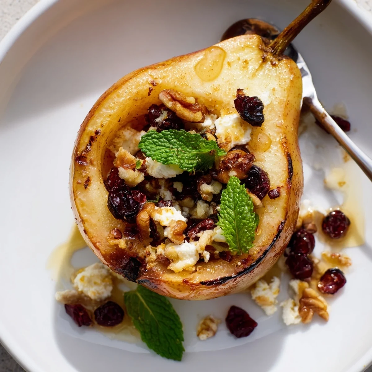 Warm, caramelized Baked Pears With Feta Honey Cranberries drizzled with extra honey