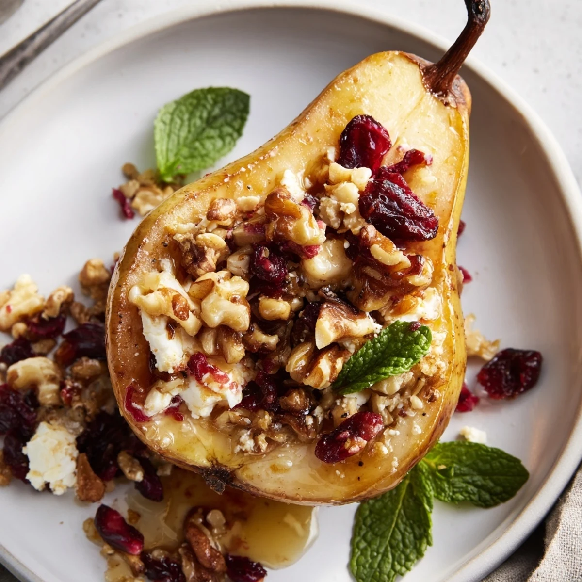 On a parchment-lined dish, Baked Pears With Feta Honey Cranberries, cinnamon-scented and tender