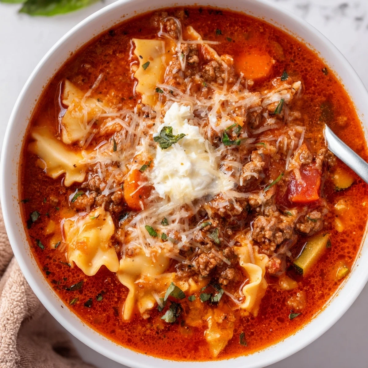 One Pot Lasagna Soup steaming in a bowl, melted cheeses and basil.