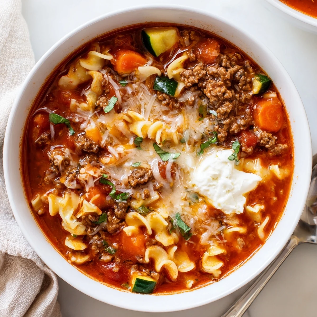 Hearty One Pot Lasagna Soup showing tender noodles, savory meat, tomato aroma.
