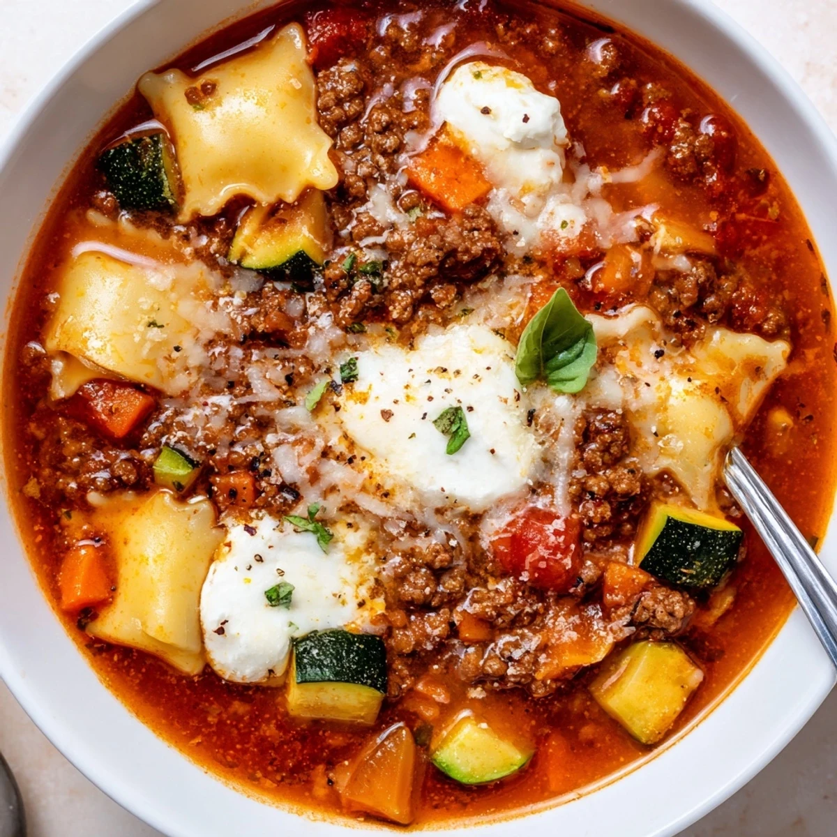 Bowl of One Pot Lasagna Soup topped with ricotta, served with bread.