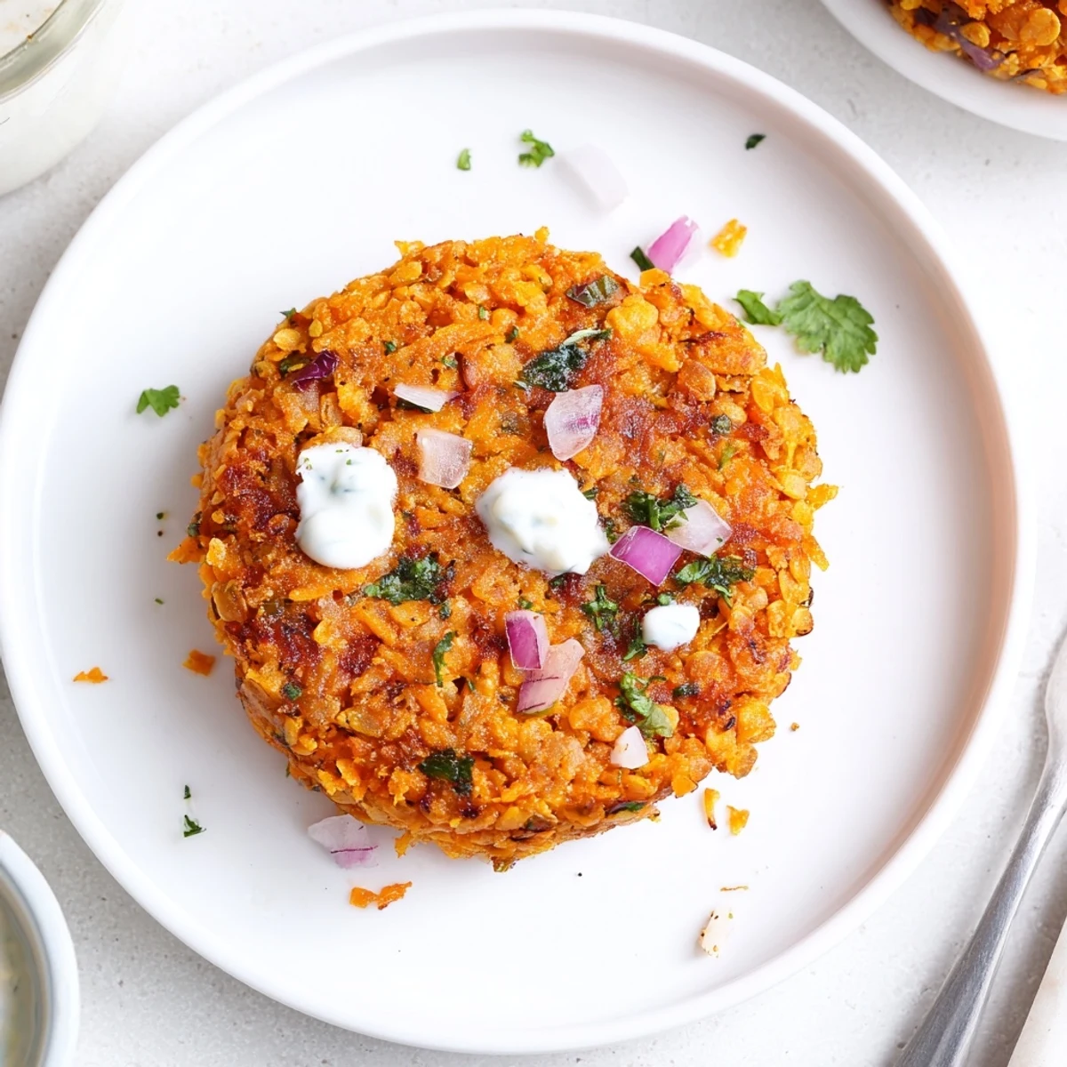 Warm Crispy Sweet Potato Lentil Patties served with cooling yogurt dip.