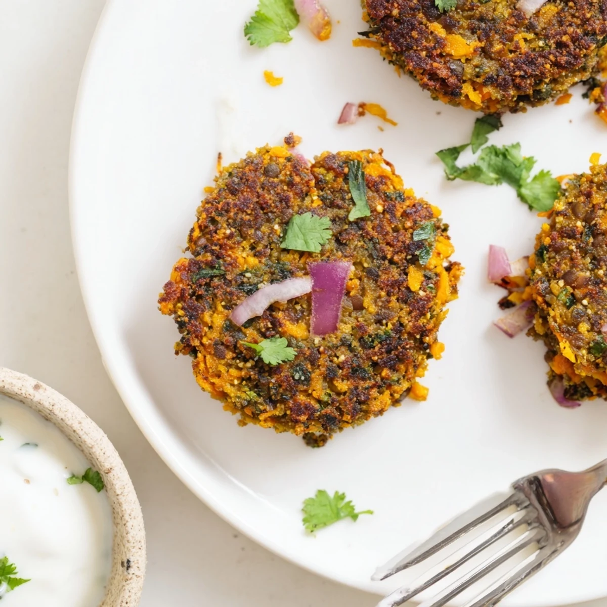 Crispy Sweet Potato Lentil Patties sizzling golden, studded with herbs and spices.