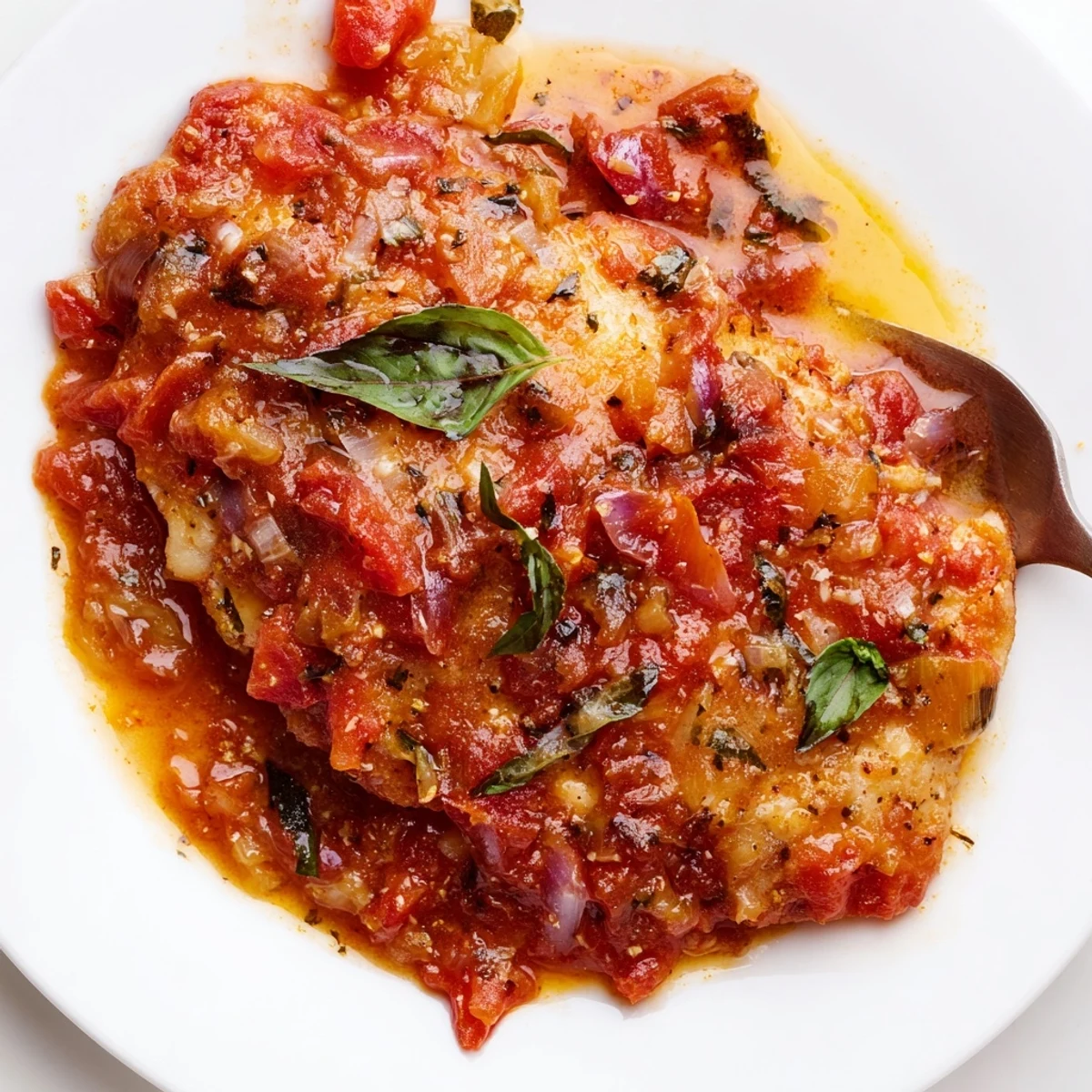 Slow Cooker Tomato Basil Chicken Breasts simmering in fragrant tomato basil sauce, torn basil.