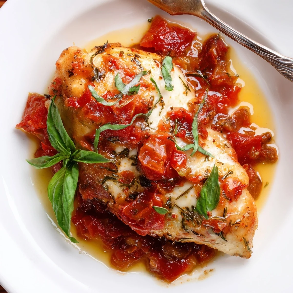 Plate of Slow Cooker Tomato Basil Chicken Breasts spooned over fluffy rice.