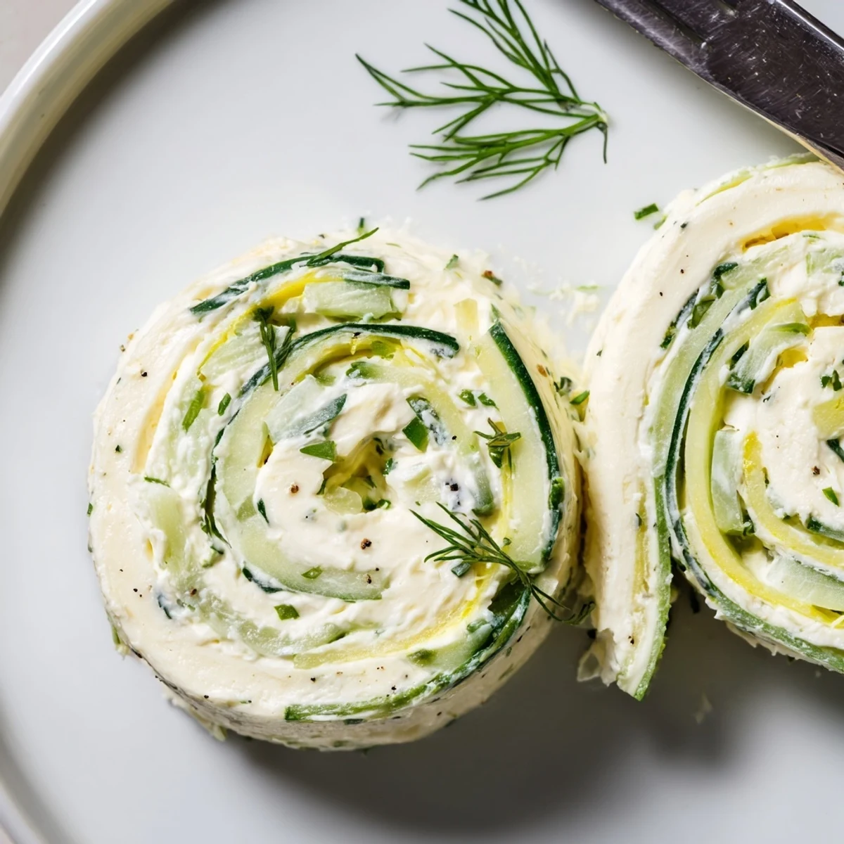 Party ready Cucumber And Dill Pinwheels on cutting board, dill sprigs garnish