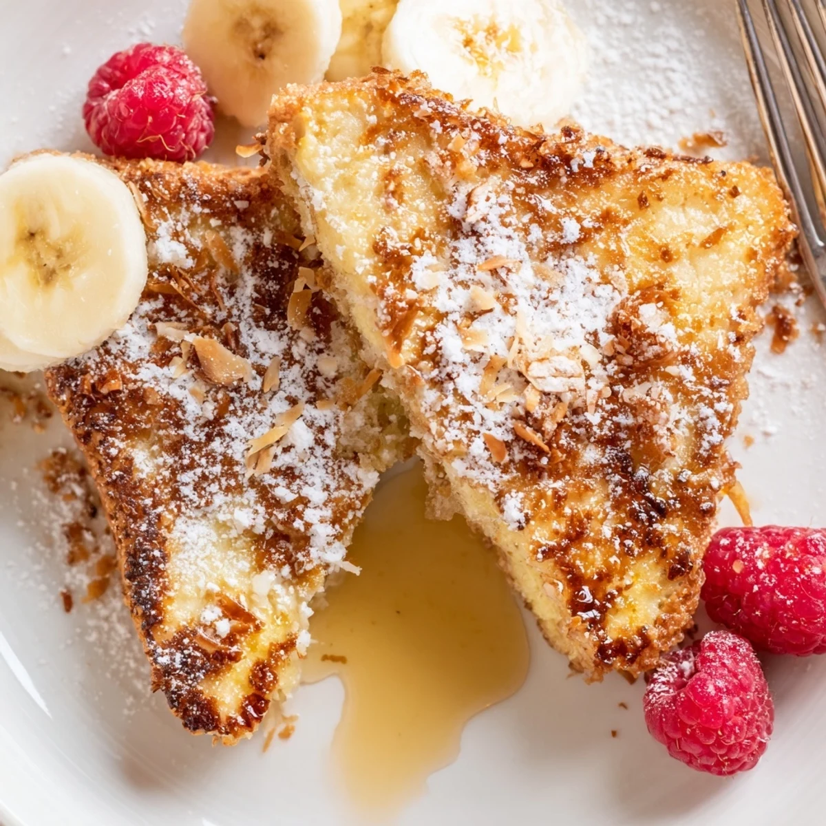 Coconut Crusted French Toast with golden crispy coconut coating and maple syrup