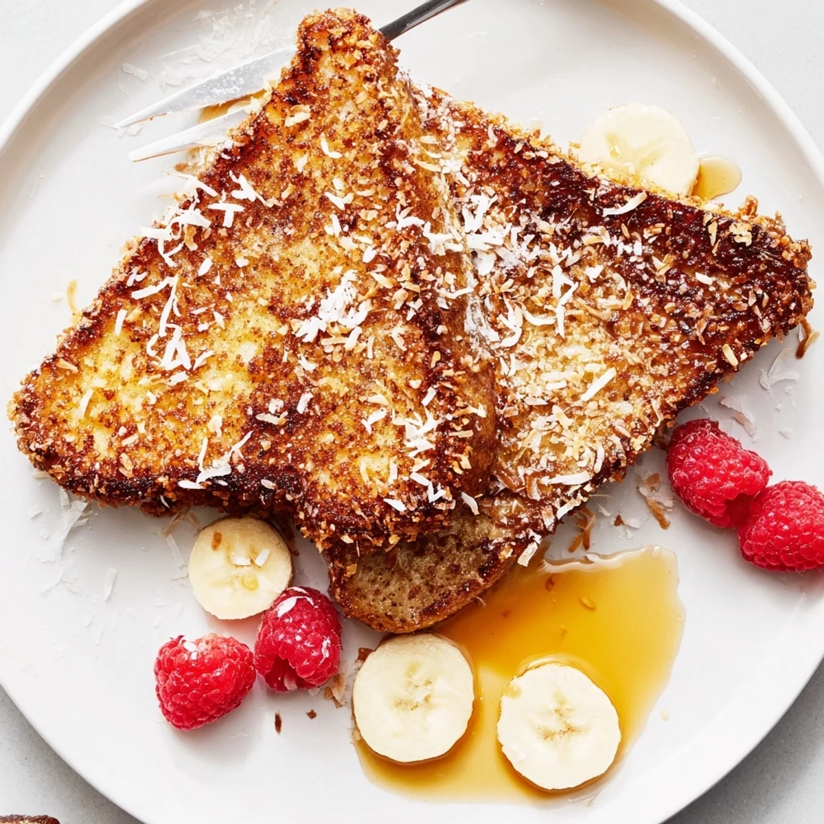 Warm Coconut Crusted French Toast slices dusted with powdered sugar and berries