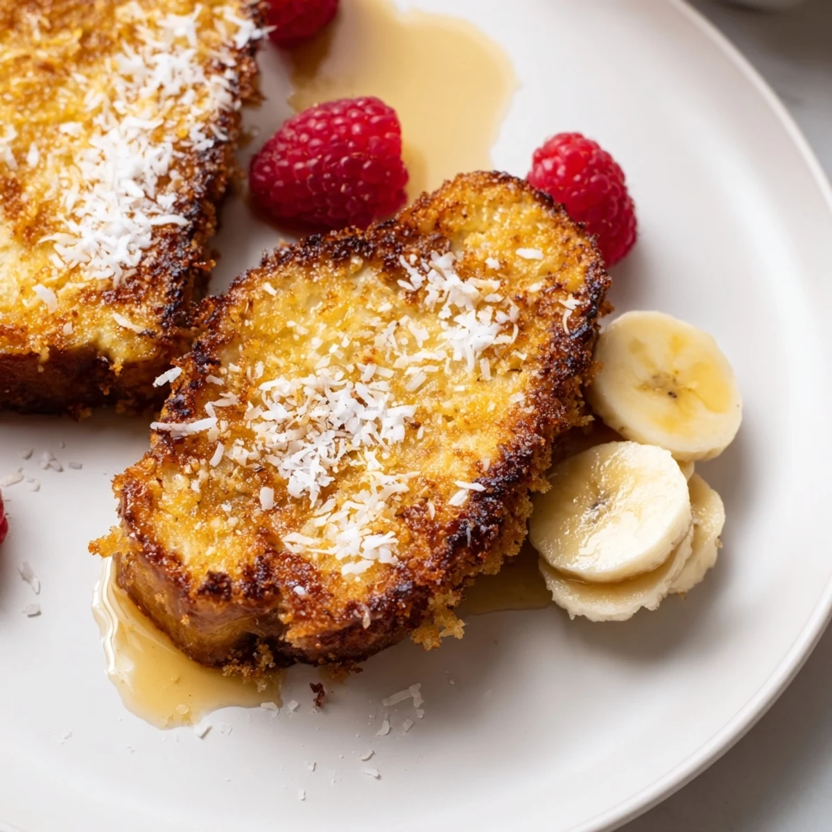 Skillet-fried Coconut Crusted French Toast showing custardy center, bananas, and fresh berries