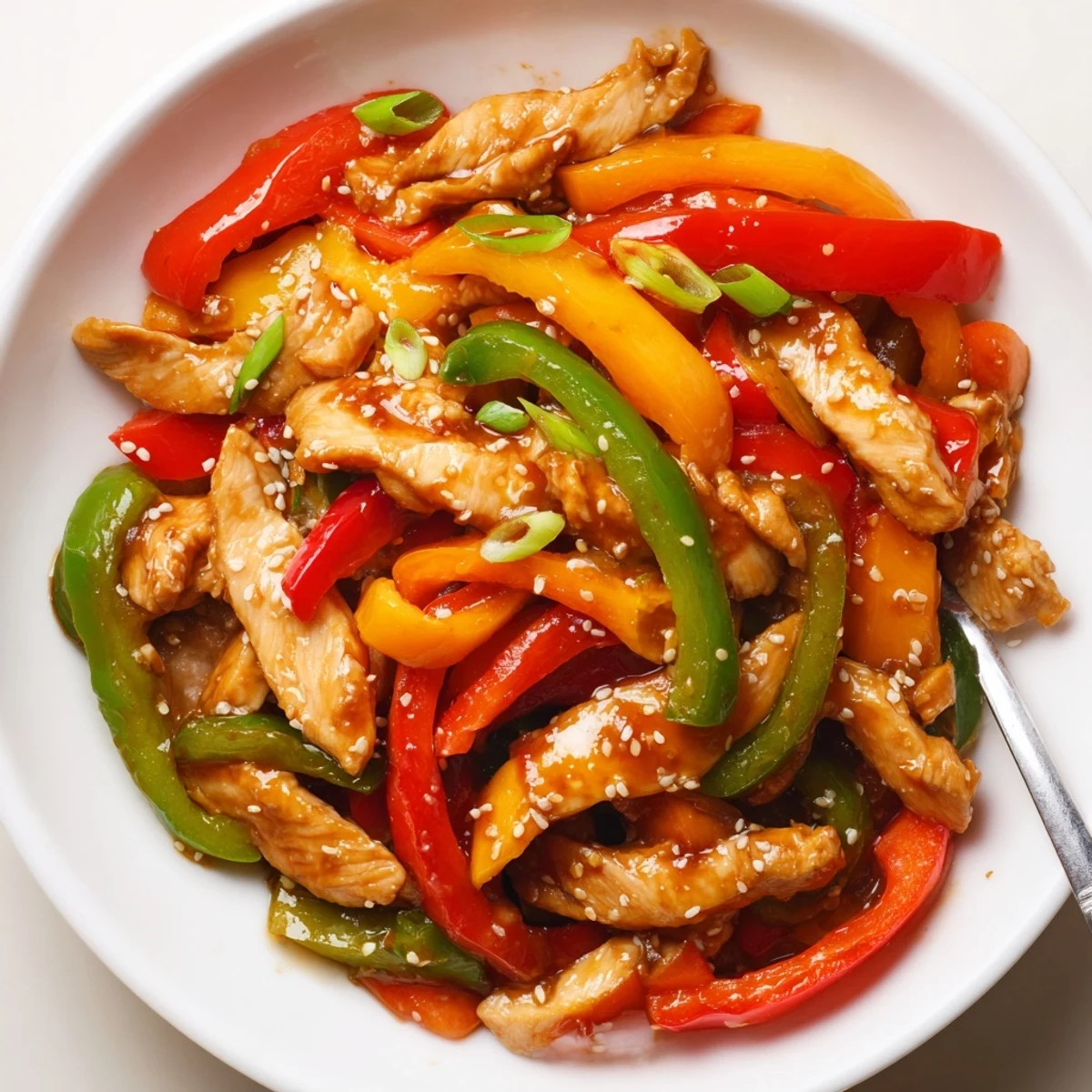 Quick Pepper Chicken Stir Fry sizzling in a wok with glossy sauce