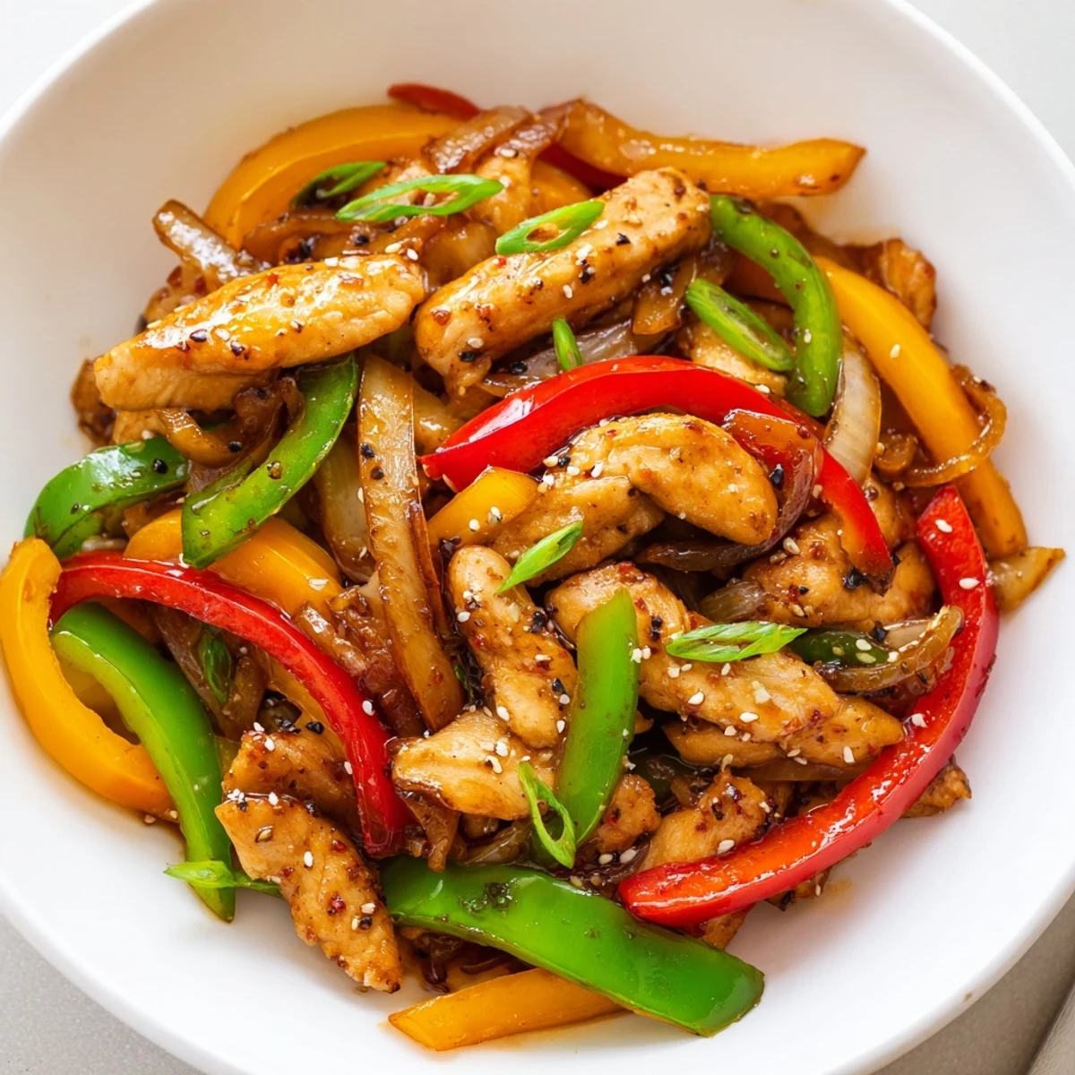 Sizzling wok, tender chicken and colorful peppers in Quick Pepper Chicken Stir Fry