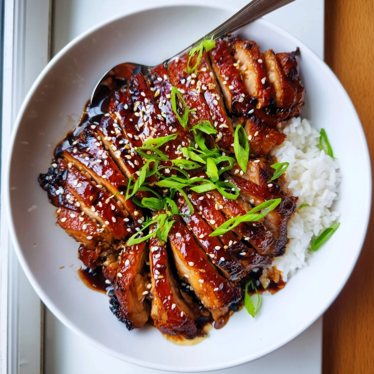Char Siu Chicken glazed with sticky honey hoisin sauce, resting on rice