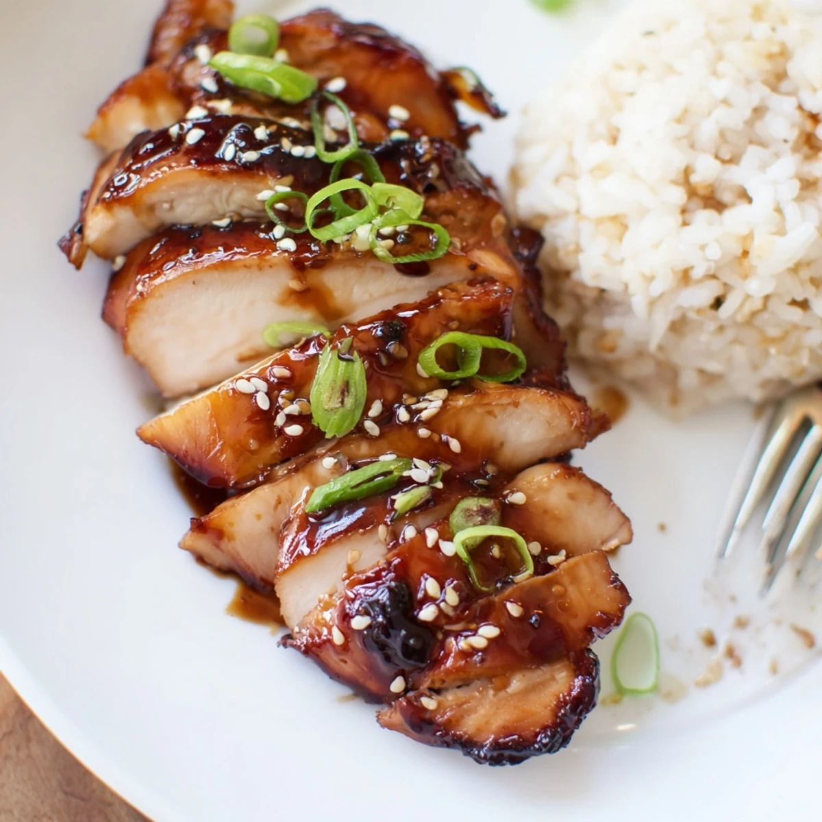 Sweet and savory Char Siu Chicken marinated overnight, juicy thighs with stir-fried greens